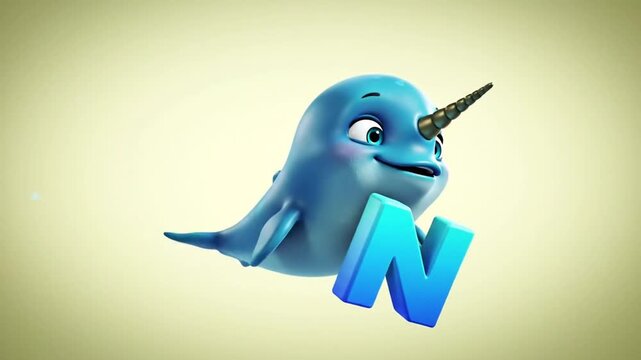 Cartoon narwhal holds letter n