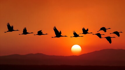 A flock of birds in silhouette flies across a vibrant orange sunset sky over distant hills at dusk