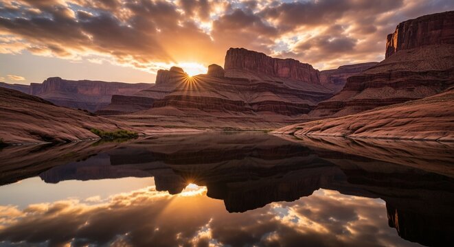 Scenic Utah Landscape: Sunset Over Calm Lake Surrounded by Red Rock Cliffs, Reflecting Sunlight and Cloudy Sky, Inviting Travel and Adventure.