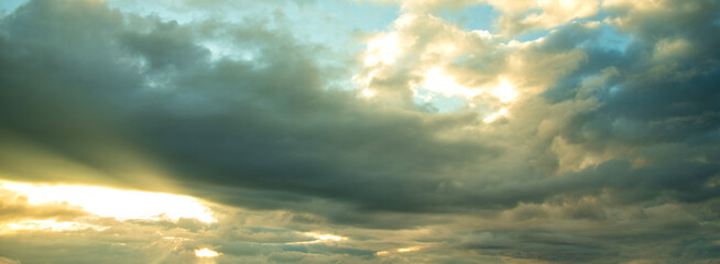 Banner Blue golden sky sunrise dramatic beautiful mountain. Blue sky white cloud cloudscape. Banner...