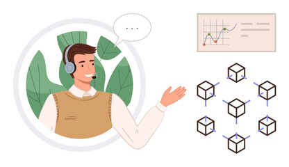 Smiling customer support agent wearing headphones presenting blockchain network concept alongside data chart. Ideal for technology, business, customer service, blockchain, communication, coaching
