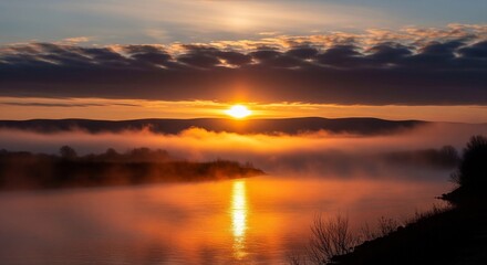 Naklejka premium Breathtaking river sunrise with orange fog and reflection. Dramatic nature scene with sun rising above the horizon in a cloudy, scenic sky.