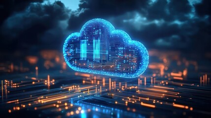 Glowing blue digital cloud with circuit board patterns hovering over futuristic glowing orange and blue circuitry in a dark environment