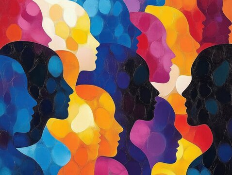 Colorful overlapping silhouettes of human profiles facing each other, composed of vibrant patches in blue, purple, yellow, orange, red, and white, evoking connection and diversity