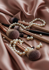 Luxurious makeup brushes nestled among delicate pearls on flowing rose gold silk evoking elegance and femininity with