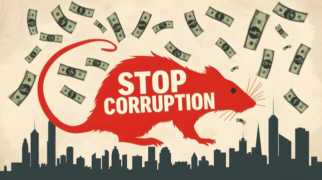 Anti-corruption campaign. Vector illustration about stop corruption. Illustration of black rat biting money