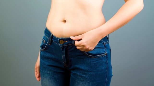Torso of a person, unbuttoning blue jeans against a grey background