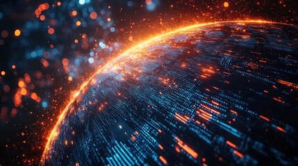 Glowing digital globe with blue and orange illuminated circuits and data points suggesting high-tech connectivity and futuristic energy