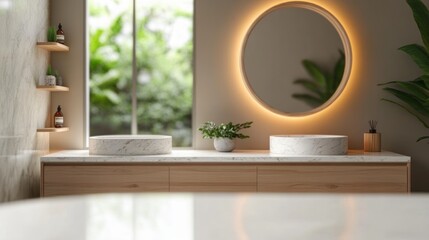 modern bathroom vanity with dual round marble sinks, illuminated circular mirror, green plants, wooden cabinetry, and natural light from a window