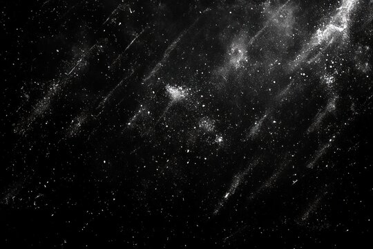Abstract black background with white scattered particles and streaks resembling stars and cosmic dust in deep space