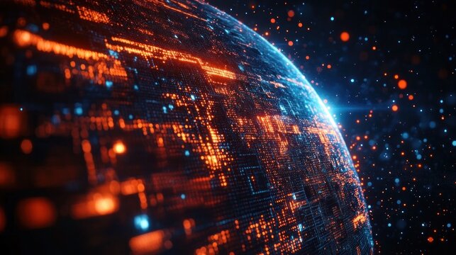 Close-up view of a digital globe with glowing orange and blue electronic circuit patterns and floating light particles representing technology and data flow - Powered by Adobe