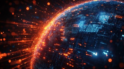 Fototapeta premium Digital globe with glowing orange and blue data lights radiating across a dark background, symbolizing high-tech connectivity and futuristic network systems