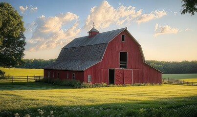 Obraz premium Red barn standing in a sunlit green field with scattered white flowers under a blue sky with fluffy clouds during late afternoon