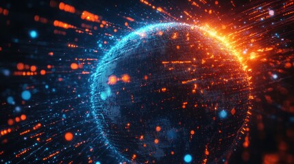 Fototapeta premium Digital glowing sphere with radiant orange and blue particles emitting energy beams in a high-tech futuristic environment