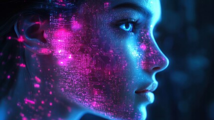 Profile of a woman with glowing blue eyes and illuminated circuit-like patterns on her face in vibrant pink and blue colors, conveying a futuristic and digital atmosphere