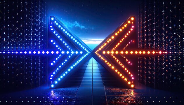 Neon arrows flanking a futuristic pathway - Powered by Adobe
