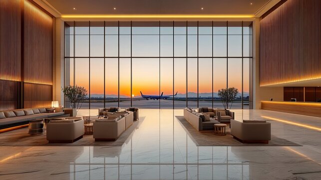 Spacious modern airport lounge with luxury seating facing large glass windows overlooking runway during sunset with airplane visible outside