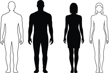 Diverse human silhouettes outline and solid forms representing male and female figures for design concepts
