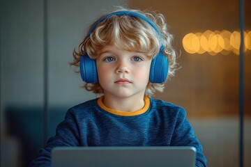 young blond curly-haired child wearing blue headphones and a blue sweater looking focused while using a laptop indoors with warm blurred background lights