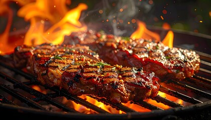 Grilled barbecue meat on flaming charcoal grill