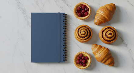 Planning delightful morning treats A blue journal alongside warm croissants tarts and cinnamon rolls awaits inspiration