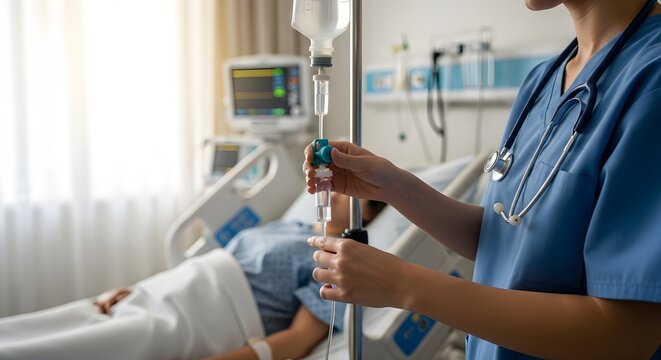 Nurse adjusting IV drip for patient in hospital bed with medical monitors in