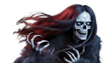 Sinister skeletal figure with flowing red-streaked hair and sharp claws reaching out ominously