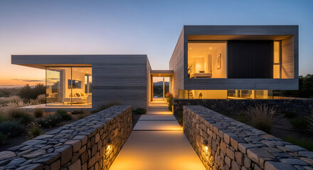 Fototapeta premium Minimalist Concrete House Exterior Modern Villa Design at Dusk