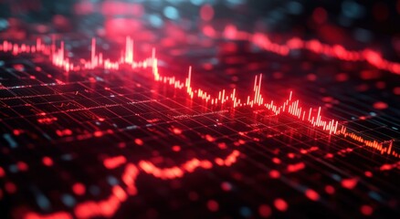 Abstract digital visualization of red fluctuating data graph with peaks and valleys on dark background conveying dynamic financial or scientific data analysis