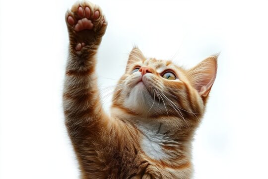 Focused orange tabby cat reaching upward with paw extended against a bright white background - Powered by Adobe