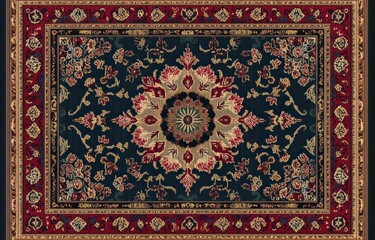 Intricately patterned oriental rug featuring a central floral medallion with symmetrical designs in deep red, navy blue, beige, and green tones evoking elegance and tradition
