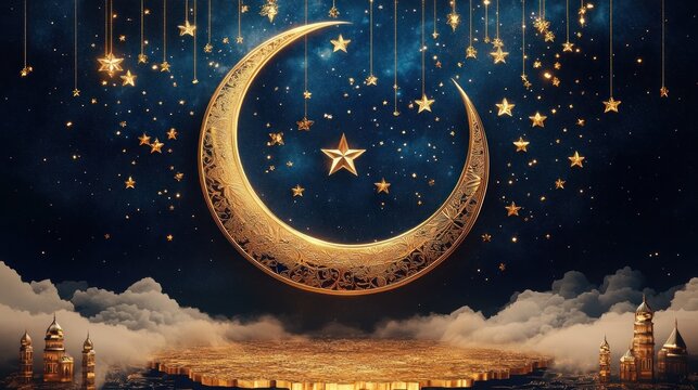 Golden crescent moon and stars hanging against a dark starry sky above a glowing cityscape with clouds, evoking a magical and serene nighttime atmosphere - Powered by Adobe