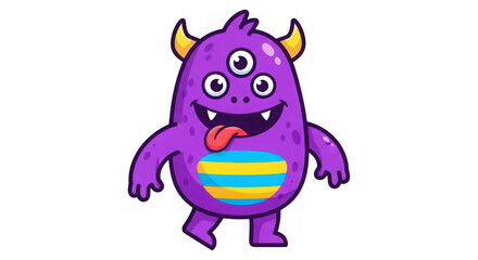 Obraz premium Charming three-eyed purple monster cartoon character with fun stripes and spikes for kids and games animated design elements transparent background