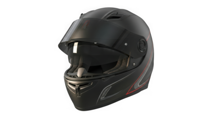 Sleek matte black full face motorcycle helmet with golden accents and tinted visor ideal for riders seeking safety and style transparent background
