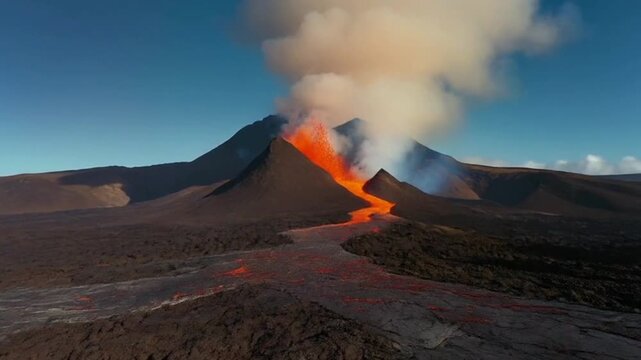 A volcanic eruption with incandescent lava flows flowing down the slopes, creating a striking contrast between the darkness of the volcanic rock and the bright orange glow of the smoldering magma.&nbsp; Ts