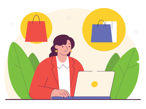 Woman browsing online shops on laptop, selecting products from virtual shopping bags, modern e-commerce concept