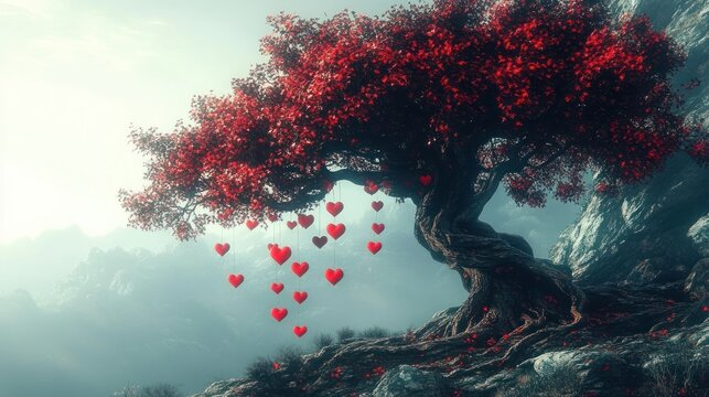 Ancient twisted tree with vibrant red leaves and hanging red heart ornaments in a misty mountainous landscape under soft light - Powered by Adobe