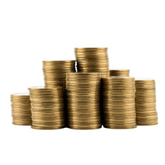 Several stacks of gold coins isolated on transparent background