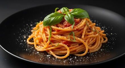Delicious Italian Spaghetti Dish with Fresh Basil.