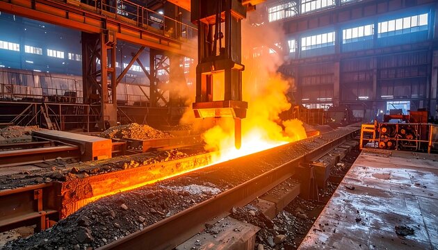 Molten Metal Poured in Industrial Steel Mill Production Process.