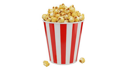 Crispy classic popcorn snack overflowing from a red and white striped cinema bucket perfect for movie nights transparent background