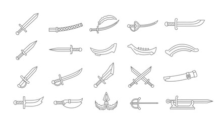Outlined collection of various swords and blades, showing different designs and styles.