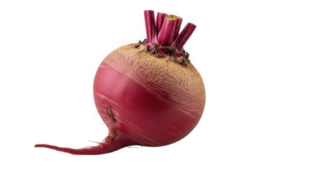 Close up shot of a single golden beet root vegetable showing its vibrant reddish pink skin and green stems against a transparent background