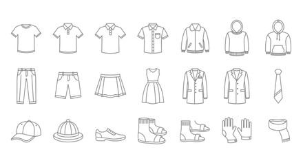 Fototapeta premium Outline illustrations of various clothing and footwear items.