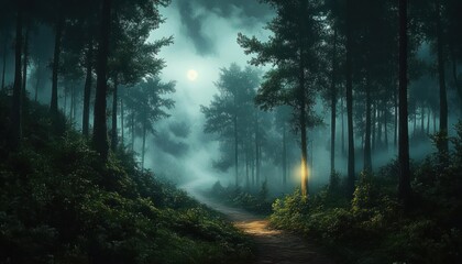 Fototapeta premium Misty forest path illuminated by soft moonlight and a glowing lantern on a tree, creating a mysterious and tranquil nighttime atmosphere
