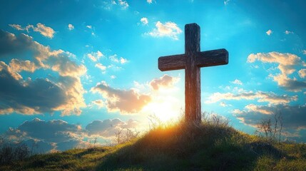 Wooden cross on a grassy hill illuminated by warm sunlight under a blue sky with scattered clouds, evoking peaceful and reflective emotions