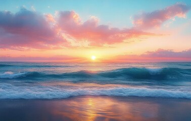 Obraz premium Calm ocean waves under a colorful sunrise sky with pink and orange clouds reflecting on wet sandy shore invoking peace and tranquility
