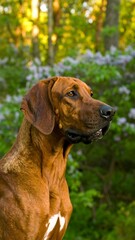 Brown dog posing in a lush green garden setting