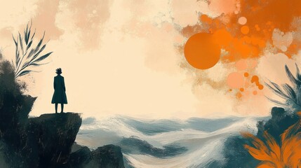 Silhouetted figure standing on cliff edge overlooking turbulent ocean waves with dramatic orange sun and abstract foliage around, evoking solitude and contemplation