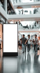 Blank vertical digital display in shopping mall with blurred people background. Advertising mockup billboard for marketing and promotion campaigns